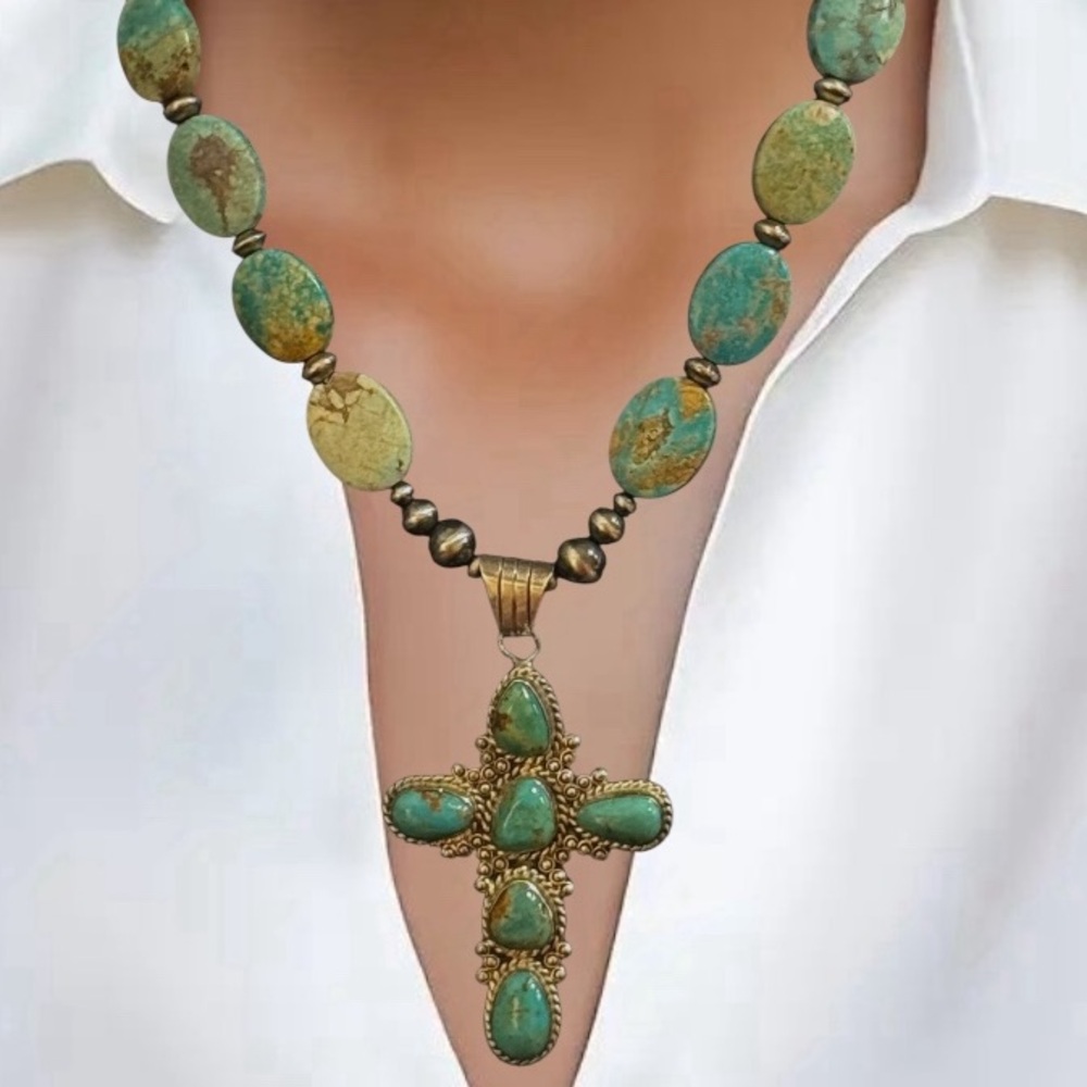 Southwestern Sterling Silver Navajo Pearls Turquoise Cross Pendant Necklace